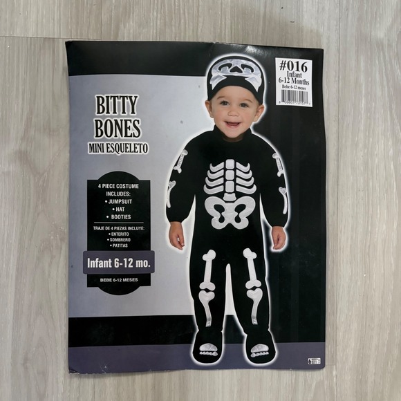 Bitty Bones Other - Bitty Bones Infant Halloween Costume 6-12 Months Skeleton Jumpsuit Hat Booties